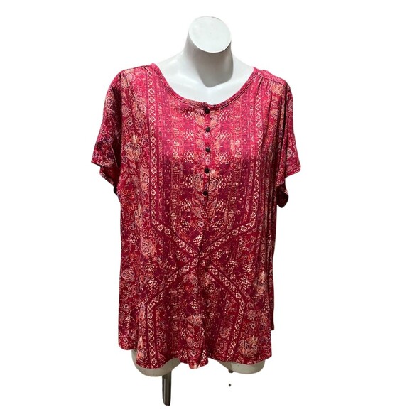 Lucky Brand Tops - Lucky Brand Tunic Top Womens 3XL Red Paisley Boho Henley Short Sleeve